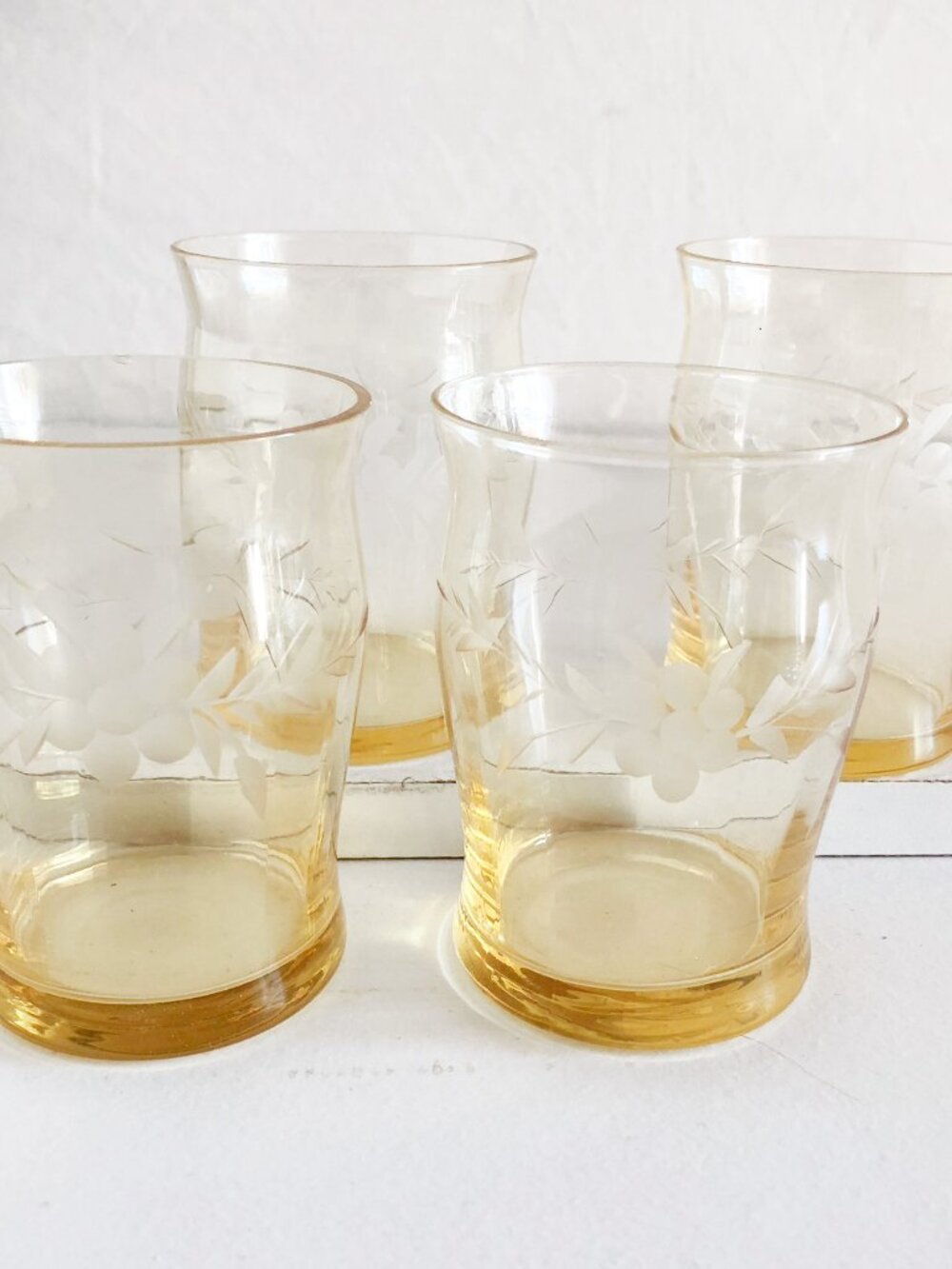 Antique Macbeth Evens Yellow Grapevine Etched Juice Glasses Set of 4